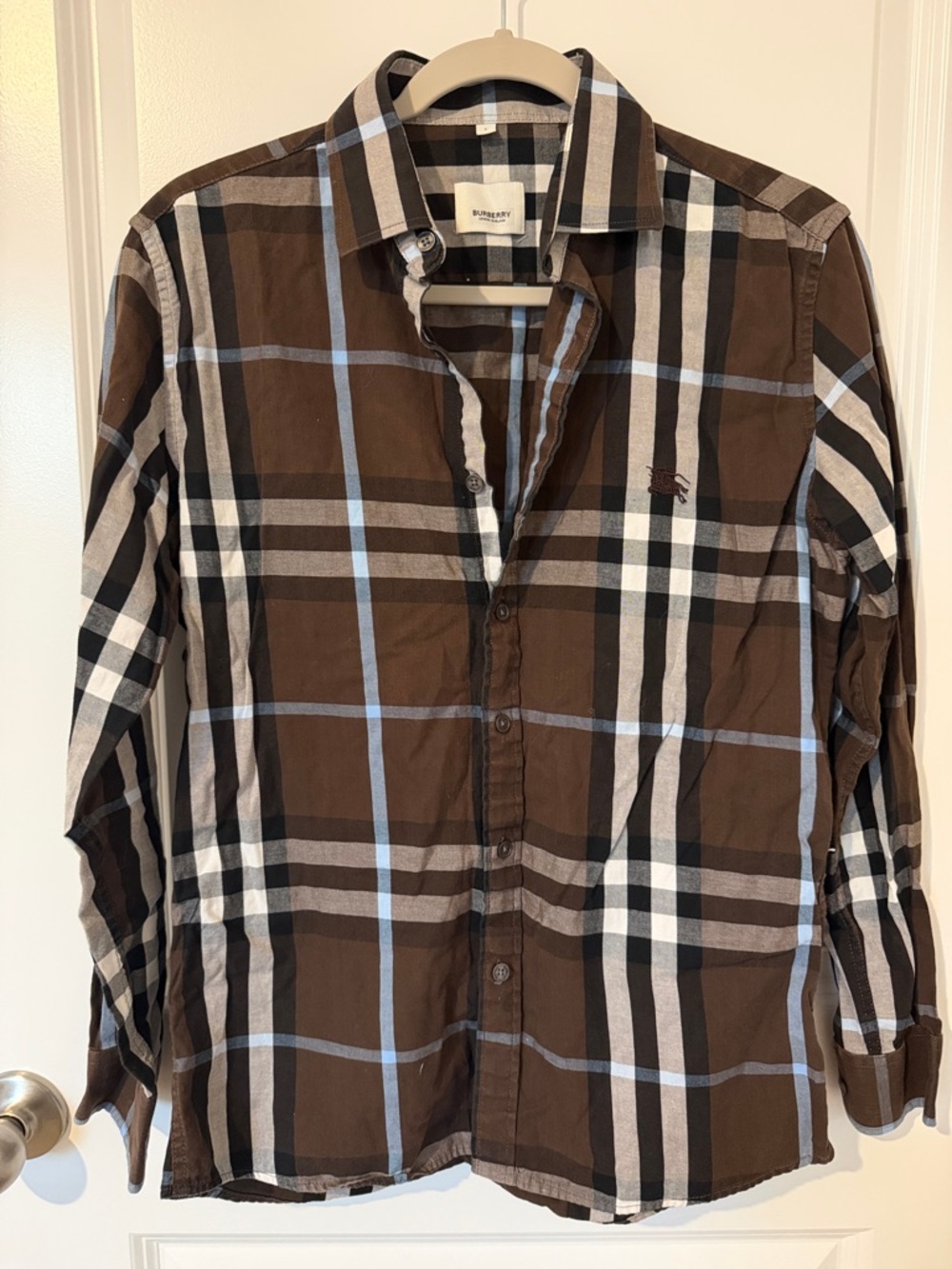 Burberry Brown Plaid Button-Down Shirt with Blue Accents